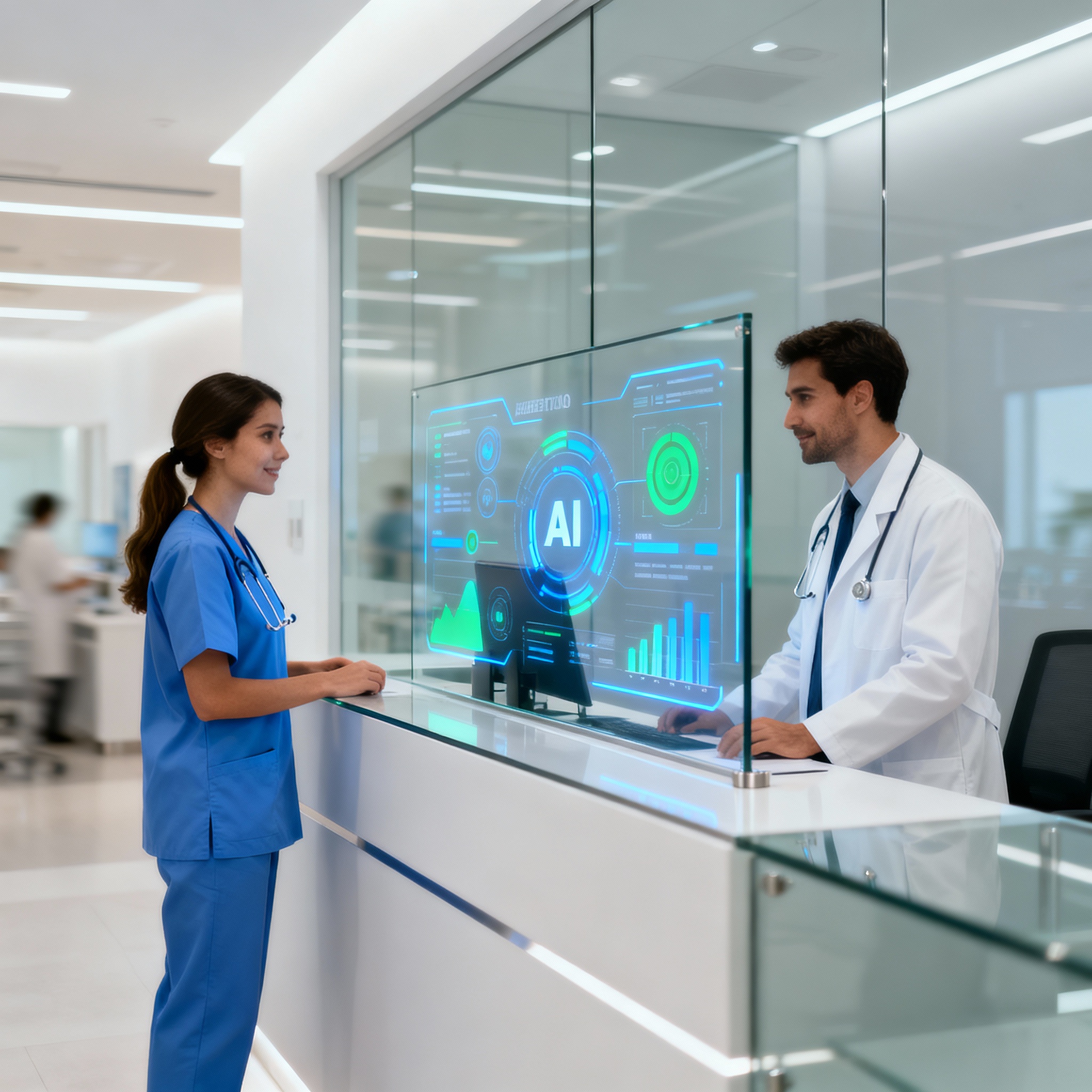 Modern medical clinic front desk with AI call dashboard panel overlay, diverse healthcare staff in clinical setting